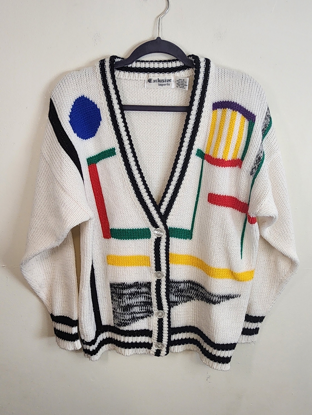 Vintage 1990s Geometric Colorblock Sweater Size Medium Exclusive Imports Buttons